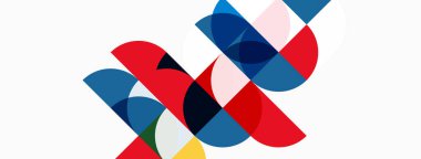 Soyut geometrik şekiller örtüşür, dinamik bileşim yaratır. Kırmızı, mavi, pembe, sarı renkler beyaz arkaplana hükmediyor. Modern tasarım.