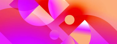 Canlı pembeler, portakallar, kırmızılar içeren soyut bir kompozisyon. Üst üste binen şekiller dinamik görsel doku yaratır. Yumuşak eğimler derinliği arttırır.