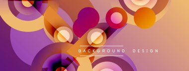 Soyut geometrik şekiller örtüşüyor, canlı renk eğimleri yaratıyor. Tasarım daireler, kareler, eğriler, modern estetik.