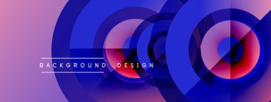 Soyut daireler örtüşüyor, canlı mor, kırmızı gradyanlar yaratıyor. Modern tasarım elementleri teknoloji ve yenilik öneriyor. Minimalist estetik.
