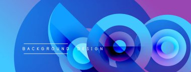 Soyut mavi tasarım katmanlı daireler, kıvrımlar içerir. Gradyan renkler dinamik görsel efekt yaratır. Metin arkaplan tasarımı okur.