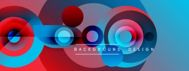 Soyut renkli çemberler dinamik arkaplan oluşturur. Kırmızı, mavi renkler kompozisyona hakim, modern tasarım elementi.