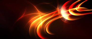 Soyut enerji akışları, canlı kırmızı turuncu renkler, dinamik eğriler. Koyu arkaplan parıldayan çizgileri vurgular, dramatik görsel etki yaratır.