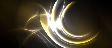 Soyut altın enerji akışı, parlak beyaz ışık kıvrımları. Dinamik kompozisyon, karanlık arka plan dramatik bir etki yaratır. Zarif tasarım.