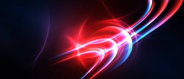 Soyut ışık çizgileri, canlı renklerin karışımı. Kırmızı egemen olur, mavi aksanlar dinamik enerji yaratır. Yumuşak kıvrımlar hareketi, derinliği gösterir.