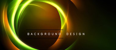 Soyut neon halkalar, canlı yeşil, turuncu renkler. Karanlık arka plan dramatik görsel efektler yaratır. Metin arkaplan tasarımı okur.