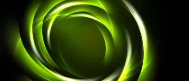 Soyut tasarım koyu arkaplan üzerinde dönen yeşil neon çizgiler içerir. Dairesel şekiller dinamik görsel efekt yaratır.