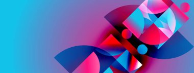 Soyut şekiller, canlı renklerin karışımı. Mavi, pembe, kırmızı dinamik kompozisyon oluşturur. Modern tasarım, eğim etkisi, görsel enerji.