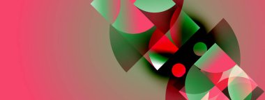 Üstüste binen şeffaf şekilleri içeren soyut bileşim. Kırmızı, yeşil renkler baskın, dinamik görsel etki yaratıyor. Yumuşak gradyanlar.