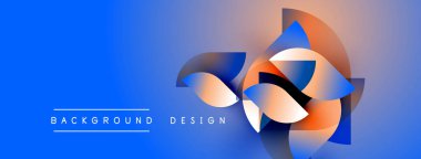 Soyut tasarım canlı mavi, turuncu gradyanlara sahiptir. Modern şekiller dinamik görsel etki yaratır. Metin arkaplan tasarımı okur.