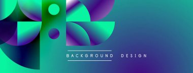 Soyut geometrik şekiller örtüşür, canlı gradyanlar yaratır. Turkuaz, mor, yeşil renkler tasarımda baskın. Mevcut en küçük metin.