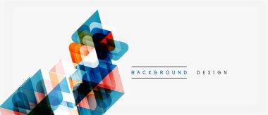 Soyut geometrik şekiller örtüşür ve canlı modern tasarım yaratır. Mavi, turuncu, deniz mavisi renkleri beyaz alana hakim. Minimalist estetik.