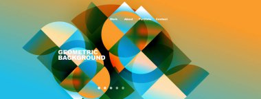Soyut geometrik şekiller, canlı renkler, modern tasarım. Navigasyon seçeneklerine sahip web sitesi başlığı mevcut. Sıvı eğimleri kompozisyona hakim.