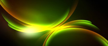 Soyut tasarım canlı yeşil, sarı renkler içerir. Pürüzsüz kıvrımlar karanlık arka plana karşı dinamik, parlayan merkezi bir nokta yaratır. Zarif, modern estetik..