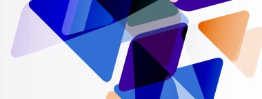 Soyut geometrik şekiller örtüşür, canlı renk karışımları yaratır. Mavi, mor, turuncu renkler kompozisyona hakim. Modern tasarım ögesi.