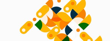 Soyut geometrik şekiller, çoğunlukla yuvarlak dikdörtgenler, daireler, bölümler. Sıcak renkler baskın, turuncu, sarı, koyu deniz mavisi mevcut. Minimalist tasarım.