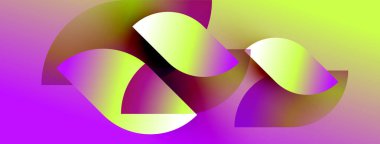 Kavisli şekiller içeren soyut bileşim, canlı mor, sarı gradyanlar. Modern tasarım, pürüzsüz geçişler, dijital çizimler.