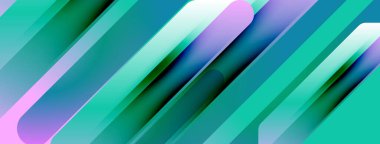 Soyut geometrik şekiller çakışıyor ve canlı çapraz çizgiler oluşturuyor. Teal, mor, beyaz renkler kompozisyona hakim. Modern tasarım ögesi.