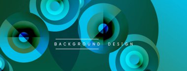 Soyut arkaplan özellikleri üst üste binen daireler, gradyanlar. Teal, koyu yeşil renkler modern görsel efektler yaratır. Metin arkaplan tasarımı okur.
