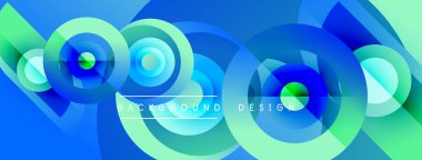 Soyut tasarım, üst üste binen daireler, canlı maviler, yeşiller. Modern estetik, dinamik kompozisyon, metin arkaplan tasarımı.