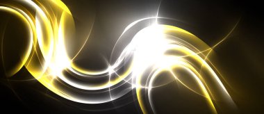 Soyut altın çizgiler kıvrılarak parlak enerji yaratıyor. Parlak merkez, koyu arkaplana karşı ışık yayar. Dinamik, dalgalı şekiller mevcut.