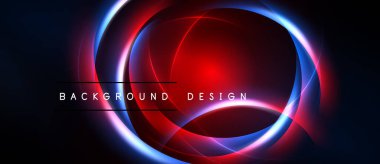 Soyut tasarım canlı eşmerkezli daireler içerir. Kırmızı, mavi parlaklıklar koyu arkaplana hakim. Modern, dinamik görsel sunum.