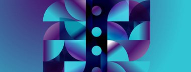 Soyut geometrik tasarım. Mavi, mor renkler harmanlanarak modern görsel etki yaratıyor. Çemberler, kareler karmaşık desen oluşturur.