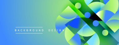 Soyut geometrik şekiller mavi ve yeşil renkleri harmanlarlar. Modern tasarım üst üste binen daireler, kareler, gradyanlar içerir. Temiz estetik, canlı renkler.