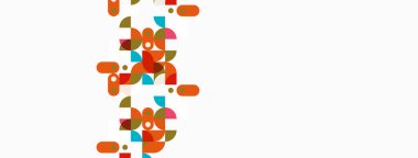 Soyut geometrik şekiller çakışıyor, renkli desenler yaratıyor. Turuncu, yeşil, kahverengi renkler beyaz arkaplana hükmediyor. Modern tasarım ögesi.