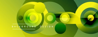 Soyut geometrik şekiller, canlı yeşil renkler, katmanlı daireler modern arkaplan tasarımı yaratır. Yumuşak eğimler görsel derinlik sunar.