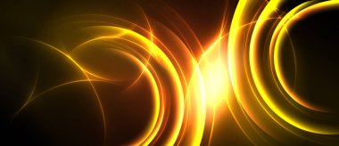 Parlak altın çizgiler eğrisi, kesişir. Merkez koyu arkaplanda yoğun bir şekilde parlıyor. Soyut enerji dışarıya doğru yayılır..