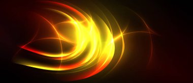 Parlak soyut çizgiler dinamik eğriler oluşturur. Sıcak renkler baskın, enerjik görsel etki yaratıyor. Yumuşak eğimler hareketi, ışığı işaret eder.