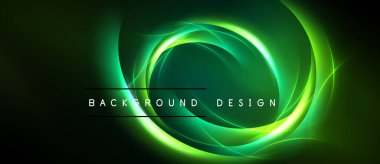 Soyut yeşil tasarım parlak dairesel çizgiler içerir. Karanlık arka plan, canlı enerjiyi, modern estetiği arttırır. Basit metin örtüsü mevcut.