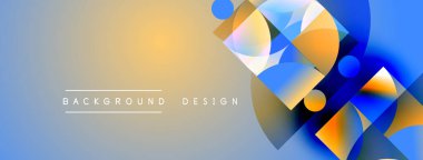 Soyut geometrik şekiller canlı mavileri, portakalları, grileri harmanlarlar. Gradyan arka plan modern görsel etki yaratır. Metin arkaplan tasarımı okur.