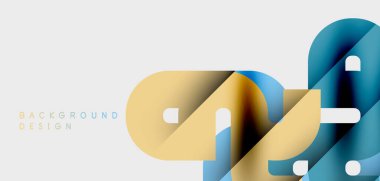 Soyut şekiller örtüşür, dinamik görsel etki yaratır. Altın, mavi renkler nötr arkaplana hakim. Minimalist tasarım.