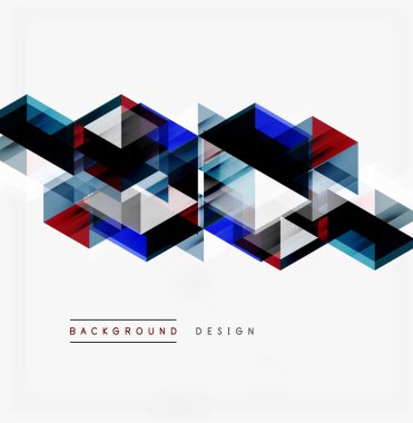 Soyut geometrik desen. Üst üste binen üçgenler dinamik görsel efekt yaratır. Kırmızı, mavi, siyah, gri renkler kompozisyona hakim. Modern tasarım ögesi.