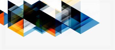 Soyut geometrik bileşim. Üst üste binen üçgenler dinamik görsel efekt yaratır. Renkler arasında mavi, turuncu, gri, siyah var. Minimalist tasarım.