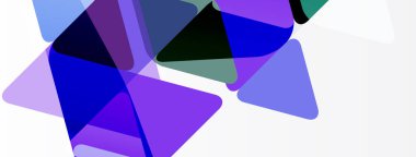 Soyut geometrik şekiller örtüşüyor, canlı mor, mavi renkler yaratıyor. Minimalist tasarım, temiz arka plan. Modern estetik.