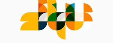 Soyut geometrik şekiller örtüşür, renkli kompozisyon oluşturur. Çemberler, kavisler, segmentler dinamik görsel desen oluşturur. Minimalist tasarım.