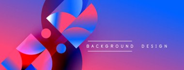 Soyut şekiller canlı mor, mavi ve pembe renkleri harmanlıyor. Modern tasarım geometrik formlar, gradyanlar, metin elementleri içerir.