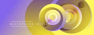 Soyut çemberler çakışıyor, canlı bir gradyan arkaplan oluşturuyor. Mor, sarı renkler modern estetik sunarak tasarıma hakim..