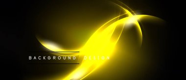 Parlak sarı çizgiler siyah arkaplan üzerinde soyut şekiller oluşturur. Modern tasarım enerjiyi, ışığı, hareketi çağrıştırır. Basit metin etiketleri alt merkez.