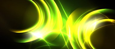 Parlak sarı, yeşil enerji akıyor. Soyut eğriler karanlık arka plana karşı dinamik ışık efektleri yaratır. Canlı, modern tasarım.