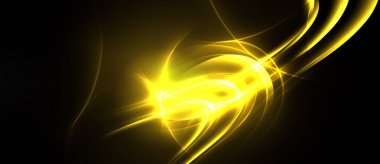 Siyah arka planda parlak sarı enerji kıvrılır. Dinamik çizgiler soyut ışık efekti yaratır. Hareketi ve gücü akla getirir..