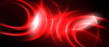 Soyut kırmızı girdaplar, dinamik çizgiler, parlak parıltı. Koyu arkaplan dramatik görsel etki yaratıyor, modern tasarım ögesi.