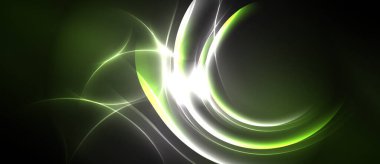 Soyut tasarım parlak kıvrımlar, canlı yeşil renkler, koyu arkaplana karşı parlak beyaz ışık içerir. Bileşim boyunca dinamik enerji yayılır.