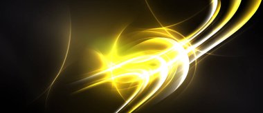 Parlak sarı enerji akar, kıvrımlar, yayılır. Karanlık arkaplan, dinamik soyut bileşim yaratarak, parlak çizgileri vurgular.