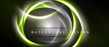 Soyut tasarım parlak çizgiler, daireler, gradyanlar içerir. Koyu arkaplan parlak neon yeşil, gümüş elementleri güçlendirir. Modern, dinamik kompozisyon.