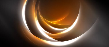 Soyut tasarım koyu arkaplana karşı katmanlı turuncu parlak daireler içeriyor. Düz eğriler dinamik görsel efekt yaratır.