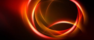 Soyut tasarım, parlak turuncu daireler, kıvrımlar, koyu arkaplana karşı çizgiler içerir. Sıcak tonlar kompozisyona hakim.